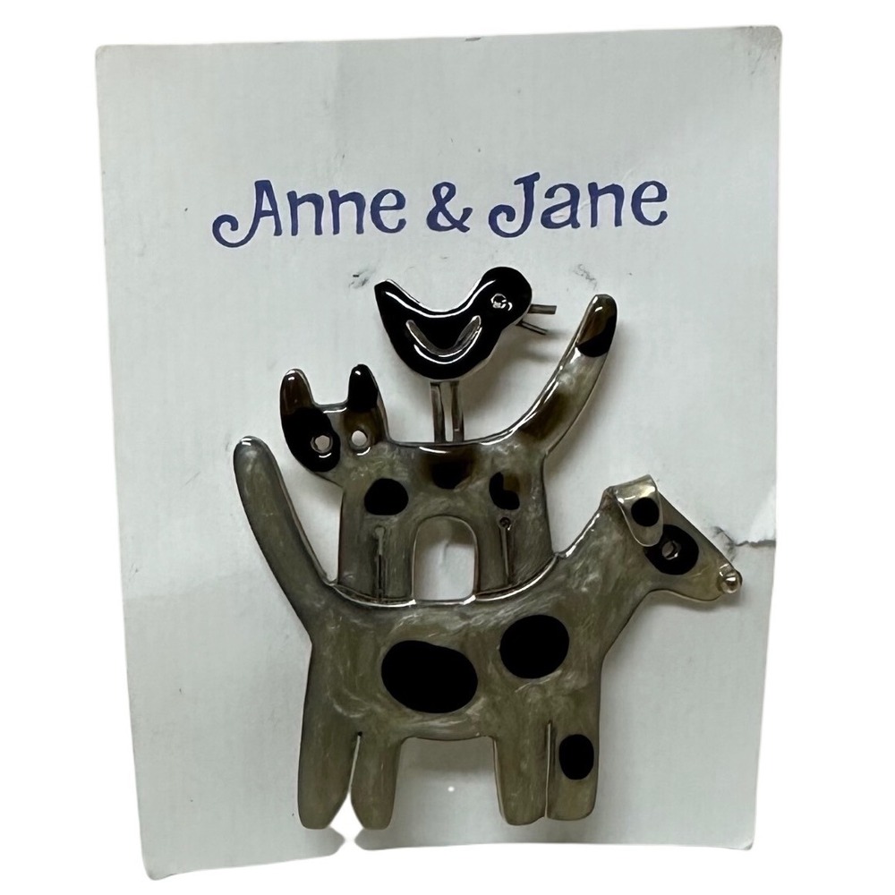 Anne & Jane Stacked Animal Brooch Pin Bird Cat Dog Silver Tone Resin NWT